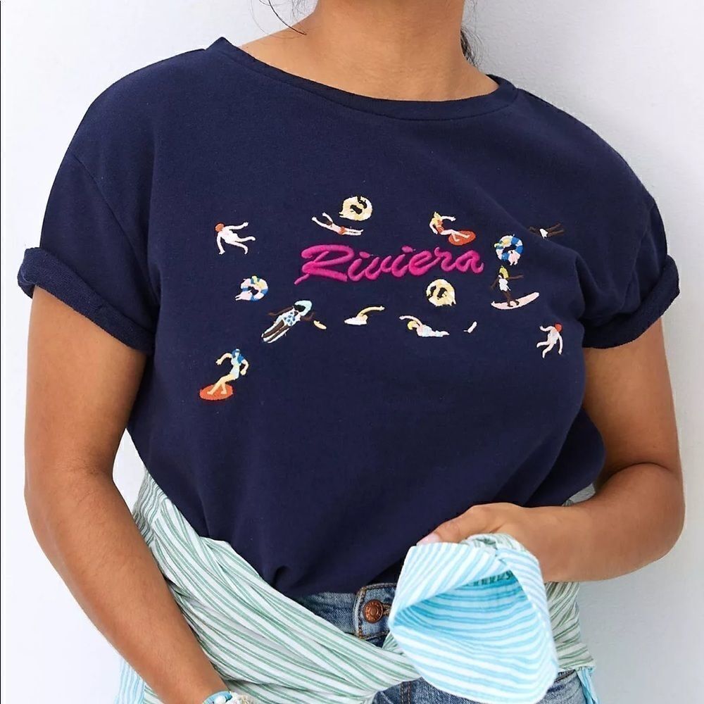 Anthropologie Maeve Beach Embroidered Riviera Short Sleeve Sweatshirt Tee